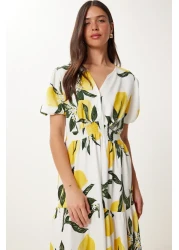 Happiness İstanbul Women's Ecru Yellow Lemon Patterned Flounced Summer Viscose Dress Fn03467