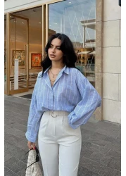 Lusin قميص نسائي كبير الحجم مخطط بأكمام طويلة - أزرق