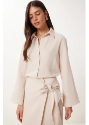 Happiness İstanbul طقم تنورة قميص كتان كريمي نسائي FN03475