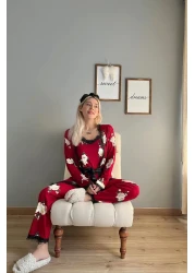 Pijamaevi Burgundy Floral Patterned Pegasus Pajama Set with Dressing Gown