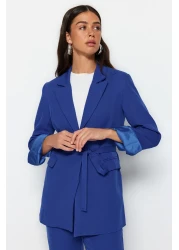  Modest Blue Lacing Detailed Lined Crepe Jacket-Pants Woven Bottom-Top Suit TCTSS23US00044