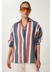 Happiness İstanbul قميص مجعد مخطط باللون الأزرق الداكن للنساء DP00246