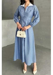 MD trend Women's Striped Buttoned Collar Garnished Waist Elastic Long Dress