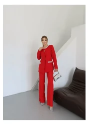 1Moda1Tarz Women's Imported Fabric Stone Embroidered Collar and Button Detailed Lined Jacket Pants Design Set