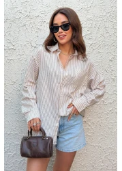 King Brothers Women Shirt Loose Fit Boyfriend Beige Thick Striped Shirt Single Pocket Long Sleeve