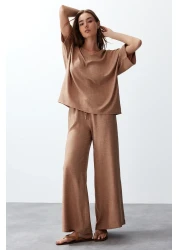  Collection Camel Color V-Neck Blouse and Trousers Set - Twoss24Au00096