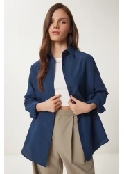 Happiness İstanbul قميص أساسي طويل كبير الحجم باللون الأزرق الداكن للنساء 3900 DD00842