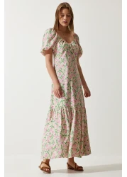 Happiness İstanbul Women's Beige Pink Patterned Balloon Sleeve Summer Viscose Dress FN03177