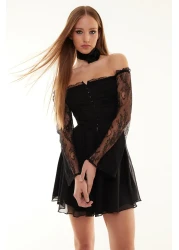  Collection فستان سهرة قصير منسوج من الشيفون مبطن على شكل حرف A باللون الأسود مناسب لحفلات التخرج TPRSS24EL00073