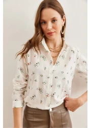 Olalook Tiny Floral Patterned Linen Women's Shirt - Coral Cuffed Gml- 19001248