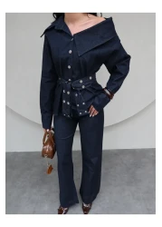 ESRAHELVACI Belted Asymmetrical Collar Denim Suit