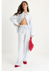 Bianco Lucci بدلة نسائية صيفية مخططة ذات أساور كبيرة ومفصلة من القطن 36471 60283357