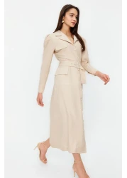  Modest Linen Look Button Woven Shirt Dress with Stone Belt Tctss24Eb00017