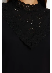  Collection Black Brodeled Stand Collar Basic Regular/Normal Fit Cotton Knitted Blouse Twoss23Bz00879