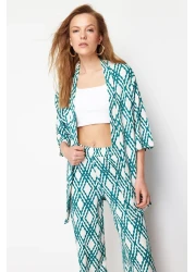  Collection Green Printed Comfortable Cut Stretchy Kimono Knitted Top and Bottom Set TWOSS24AU00103