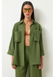 Happiness İstanbul طقم قميص وبنطلون كتان كاكي - جيب عريض FN03205