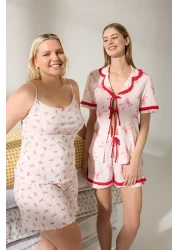  Collection طقم بيجامة محبوكة من القطن 100% وردي مع شريط/فيونكة وشورت مكشكش THMSS25PT00293