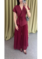 HAZELANNA Pleated Burgundy Vest-Skirt Suit