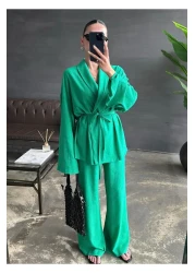 My Blog Green Shawl Collar Kimono Pants Set - 98655