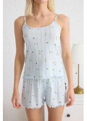  Collection Blue 100% Cotton Floral Pointel Openwork/Hollowed Out Shorts Knitted Pajamas Set Thmss25Pt00082