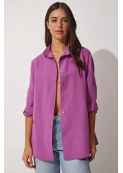 Happiness İstanbul قميص أساسي طويل كبير الحجم للنساء باللون الأرجواني المتوسط DD00842