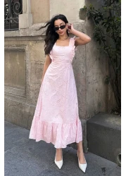 ASEDE تفاصيل أربطة الظهر، تصميم خاص، رقبة مربعة، مبطنة، حزام، 100% قطن، فستان مطرز