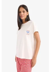 Defacto Pajama Sets Short Sleeve Top Stretchy Waisted Checked Long Bottom-Fall in Love E4822Ax25Sp