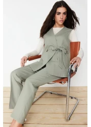  Modest Khaki Accessory Detailed Woven Fabric Vest Trousers Top and Bottom Set TCTSS24US00035