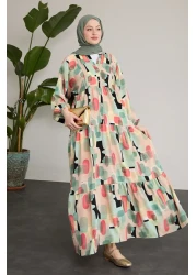 InStyle Oval Geometric Patterned Patchwork Green Dress