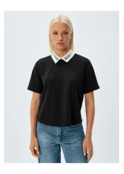 Koton تي شيرت بياقة قميص مرصعة بالأحجار وأكمام قصيرة من قماش الكريب القطني