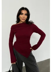 Bipantolon Burgundy Anthracite 2-Piece Blouse - Draped, Boat Neck, Asymmetrical Lycra Knitted Blouse