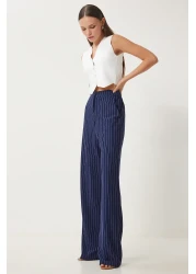 Happiness İstanbul Navy Blue Striped Comfortable Women's Trousers - To00158