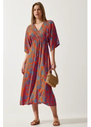 Happiness İstanbul فستان فيسكوز صيفي منقوش بياقة ملفوفة باللون الأزرق البرتقالي للنساء DK00166