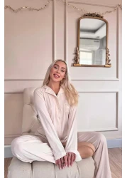 Pijamaevi طقم بيجامة نسائي بأكمام طويلة وأزرار أمامية من دبلن باللون البيج الفاتح