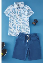 TRENDYOLKIDS Blue Male Child Cotton Tropical Printed Woven Shirt Shorts Bottom-Top Suit Tkdss25Au00035