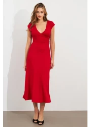 Cool & Sexy فستان متوسط ​​الطول بزر أحمر مزدوج الصدر للنساء EY0011