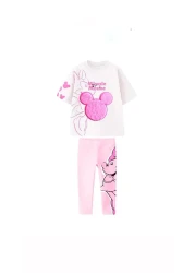 Lolliboomkids طقم بناتي باللون الوردي - تي شيرت قطني بنمط مطرز وطبعة وسروال ضيق، قطعتان