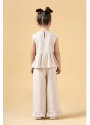Magu Girl's Linen Beige Bow Flounce Long Pants Double Set