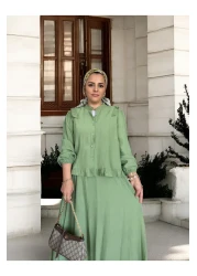 Aselim Hijap Moda Strawberry Fabric Cotton Ruffle Shirt Skirt Suit – Green