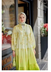 LOCCO فستان نسائي منقوش بأوراق التذهيب باللون الأخضر الفستقي