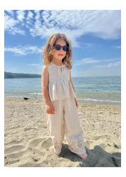 Oliven The Kid بدلة بناتي كتان بتطريز على الساقين طبيعي