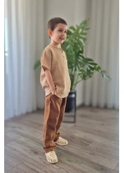 BALKABAĞI طقم قميص وبنطلون موسلين بني مرير - 2-8 سنوات MTYE0059