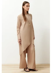  Modest Beige Asymmetrical Woven Tunic Trousers Top and Bottom Set TCTSS24US00074