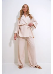 Trend Alaçatı Stili سترة وسترة علوية مجعدة بلون كريمي - ALC-X12433