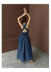 369 etnik butik فستان طويل بفتحة رقبة على شكل حرف V عميقة وخصر مجمّع (فستان طويل)