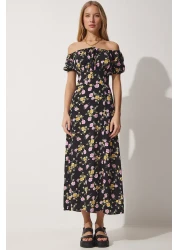 Happiness İstanbul Women's Black Floral Gathered Collar Summer Long Viscose Dress DK00143