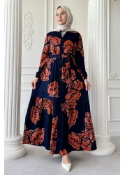 InStyle فستان من الفسكوز البرتقالي بنمط أوراق مموجة