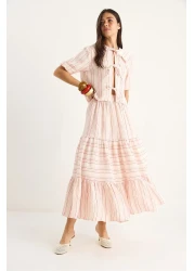 Bianco Lucci Women's Striped Muslin Tie Front Collar Blouse Flounced Skirt Bottom-Top Set 4011 60283424