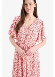 Defacto V-Neck Cheeky Patterned Lace-Up Short Sleeve Midi Summer Dress D2835Ax25Sm