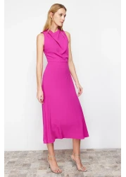  Collection Pink Degaje Neck Skirt Cut Detail Midi Woven Dress TWOSS24EL00390